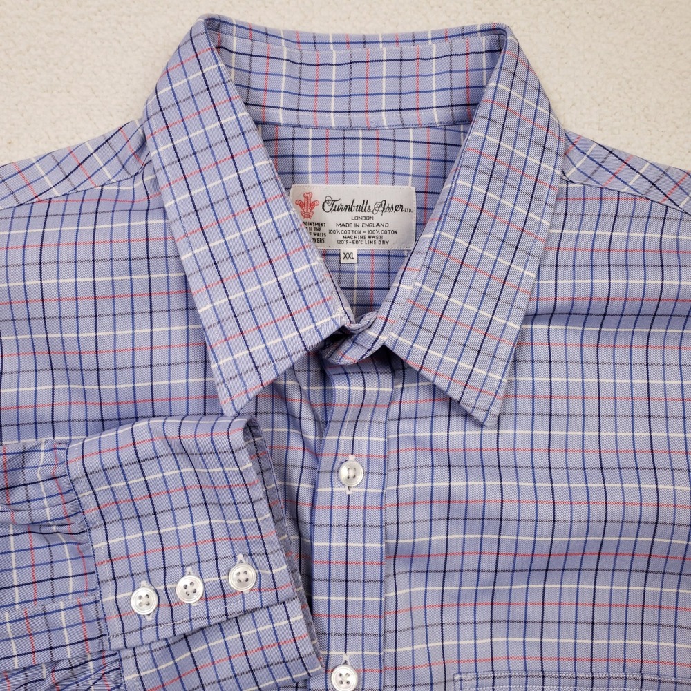 Turnbull and Asser Button Down Shirt Men XXL Blue Check Plaid Cotton England